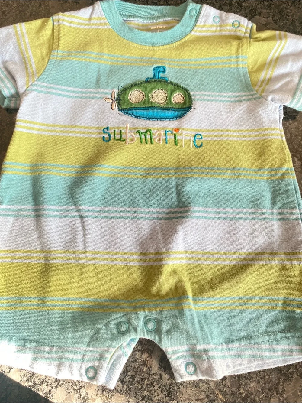 90’s carter’s 6m baby Striped Submarine Baby Romper - Aqua & Yellow